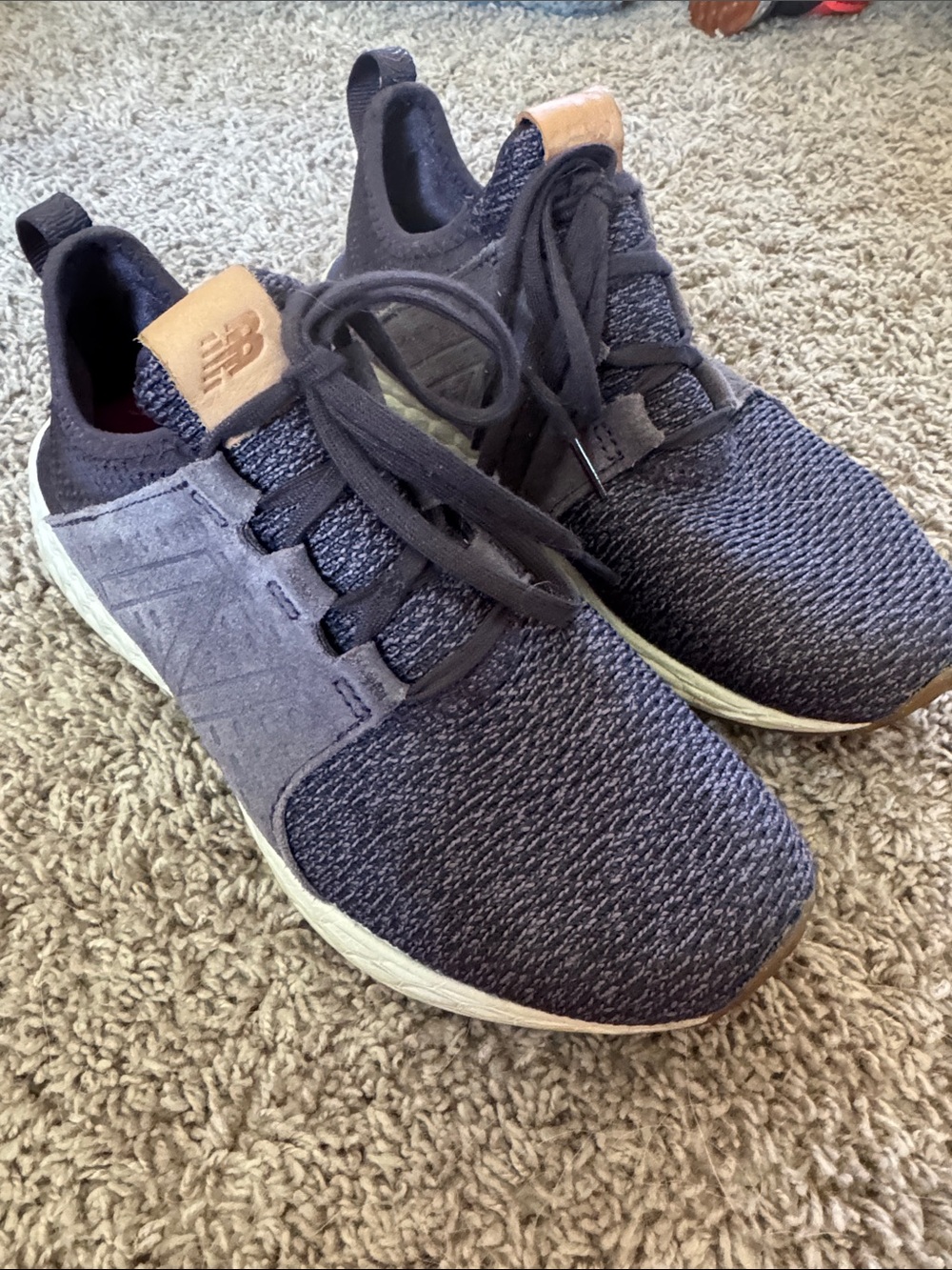 New Balance Navy Knit Athletic Sneakers with Tan Logo Patch